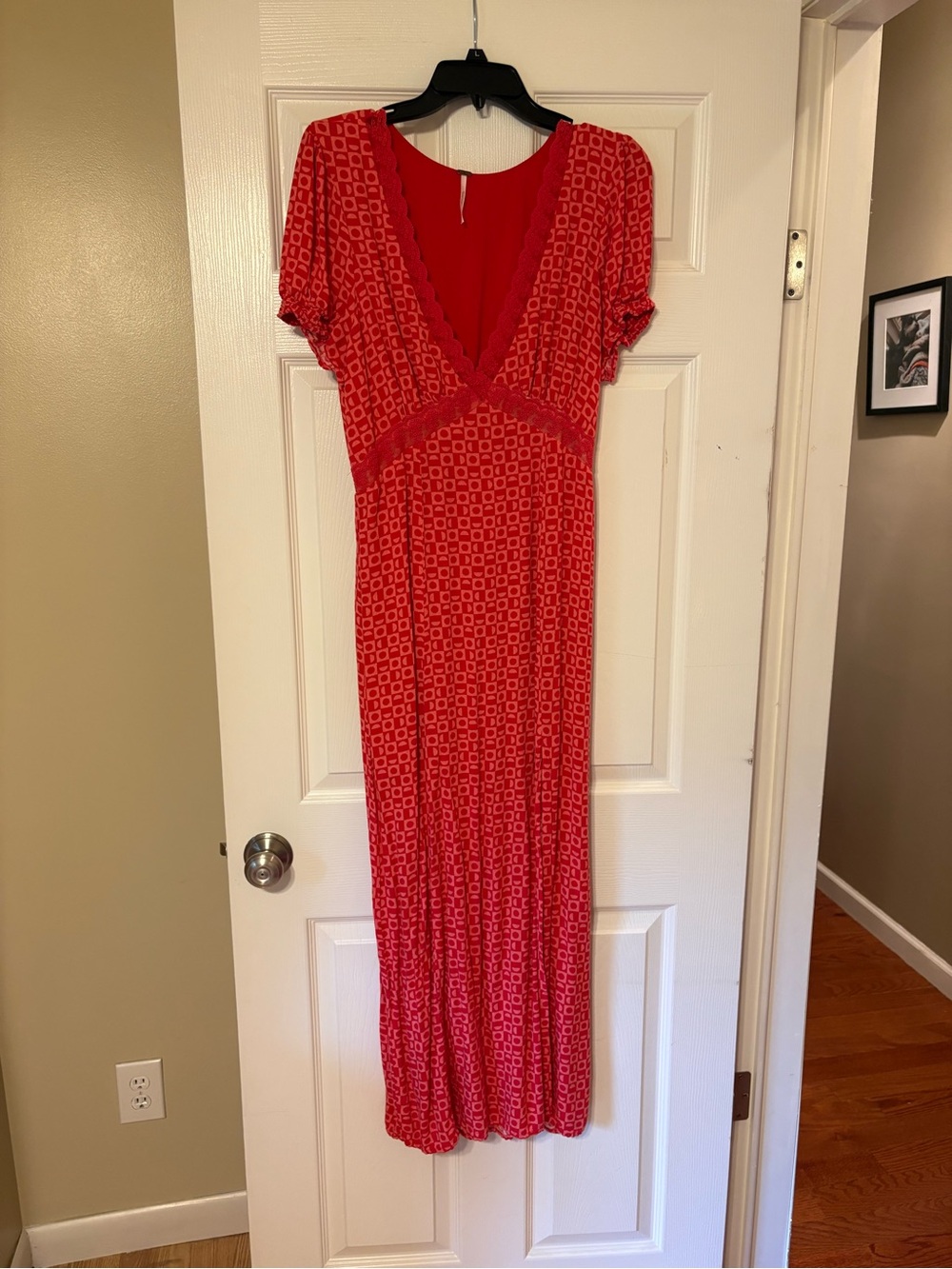 Free People Marley Maxi Dress in Red Geometric Print with Lace Trim - NWOT - Picture 4 of 11